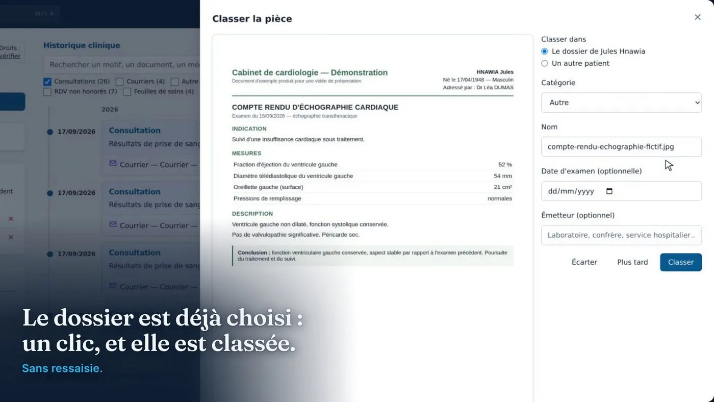 La fenêtre « Classer la pièce » : un compte rendu d’échographie reçu par e-mail, prêt à rejoindre le dossier du patient.