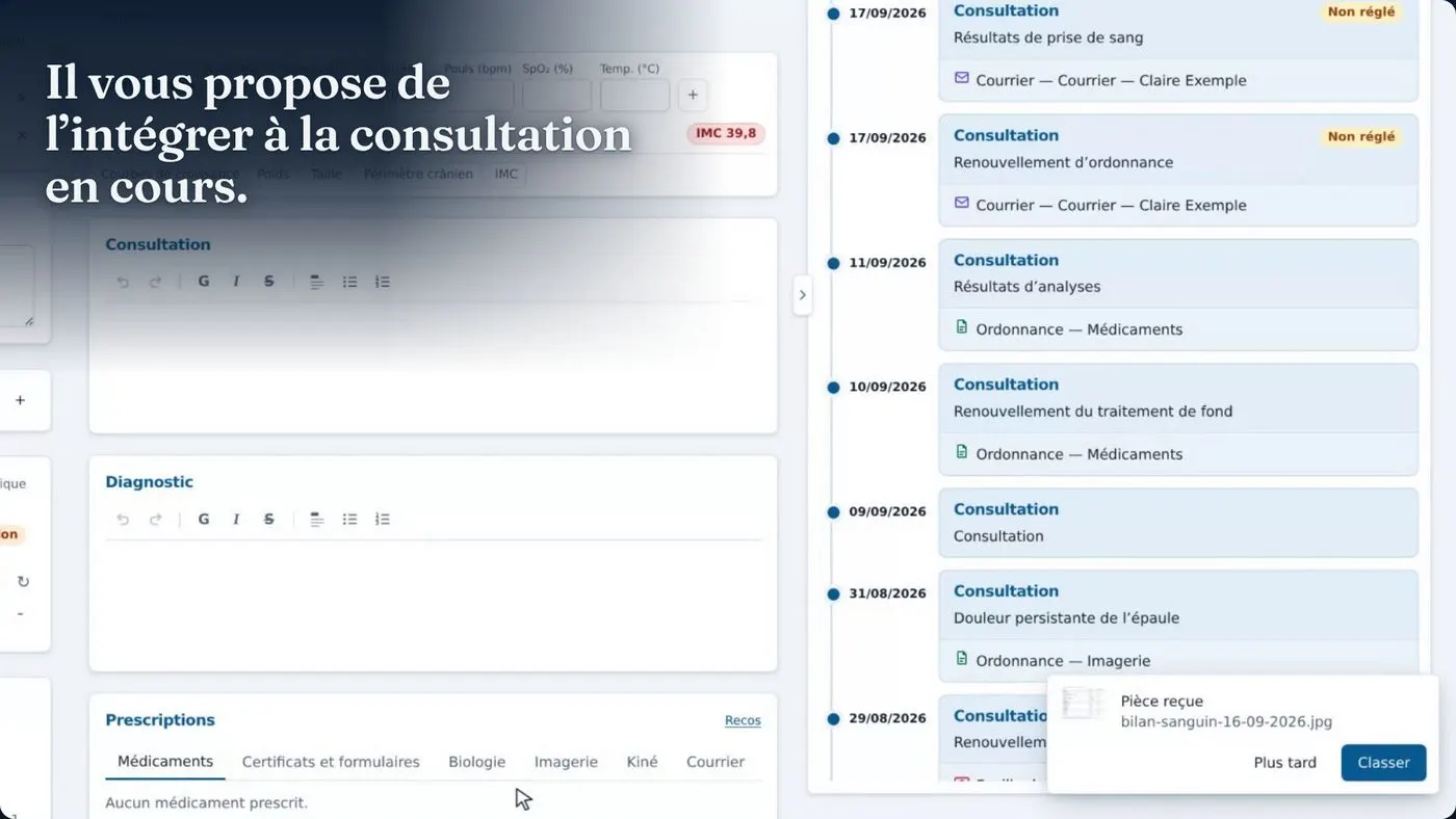Une notification « Pièce reçue » en bas de l’écran de consultation, avec le bouton Classer.