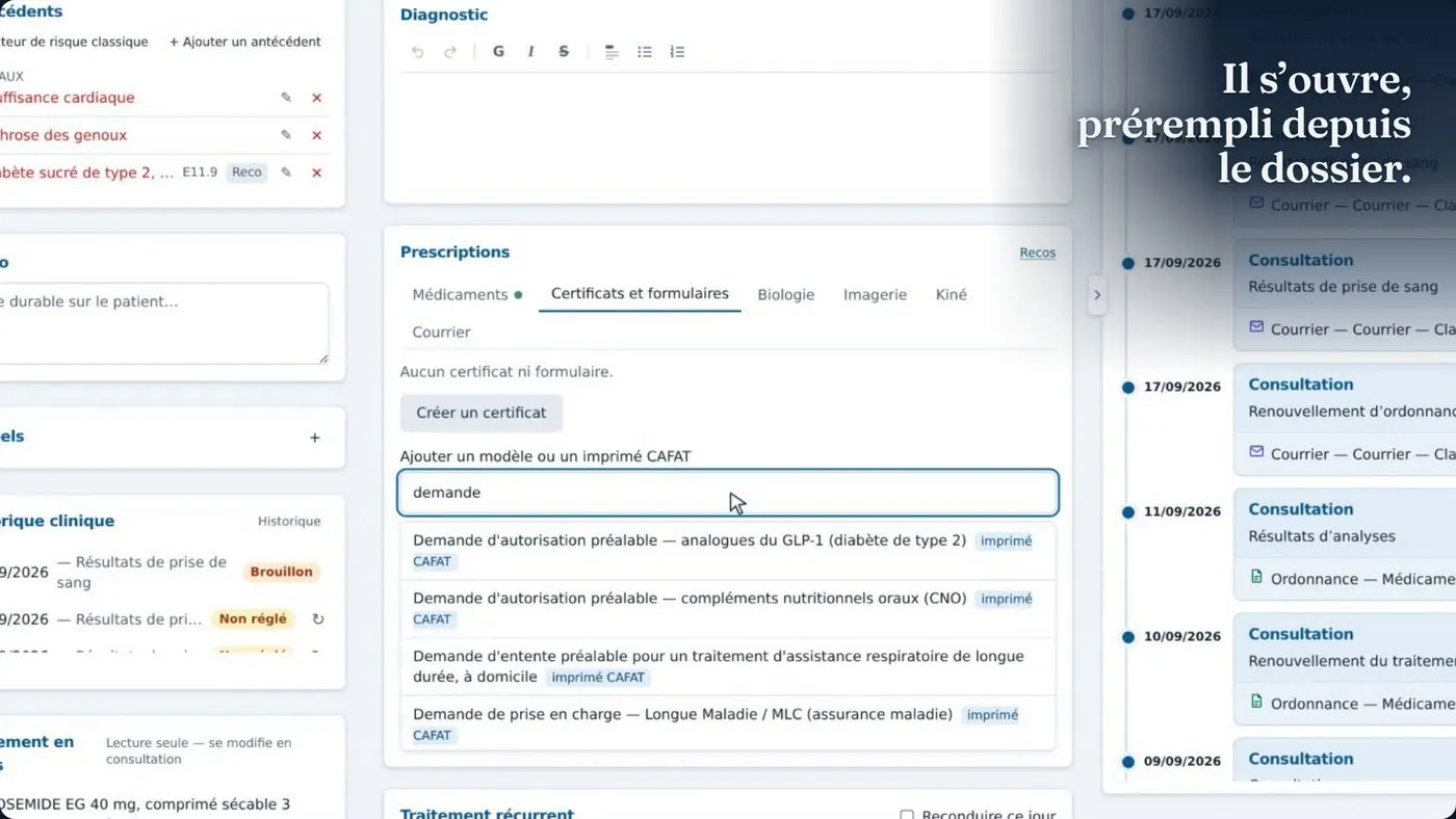 La recherche d’un imprimé CAFAT depuis la consultation : les demandes d’autorisation préalable et de prise en charge longue maladie apparaissent à mesure de la frappe.