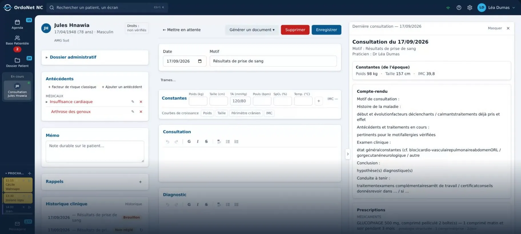 L’écran de consultation d’OrdoNet : le dossier du patient à gauche, la consultation en cours au centre, la dernière consultation à droite.